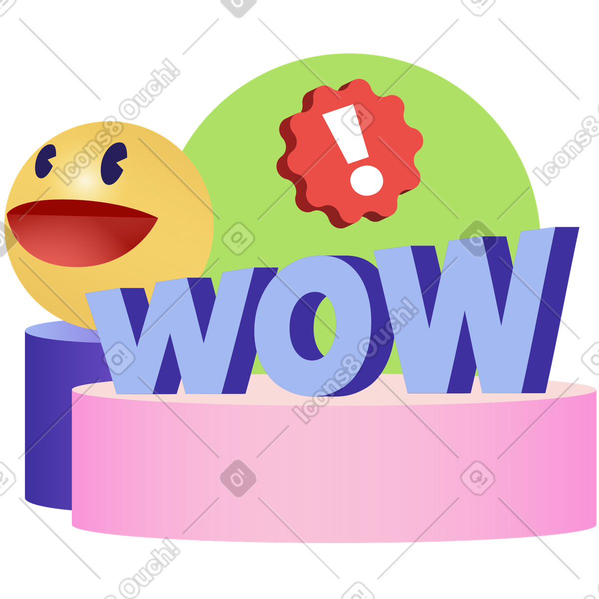 Levels スタイルの レタリング「うわー！」笑顔と感嘆符のテキスト付き のイラストをPNG、SVG形式でダウンロード