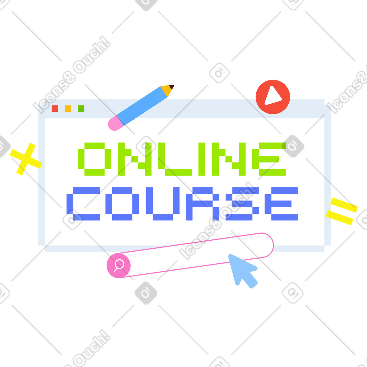 Lettering Online Course with pencil, math signs and searchbar text illustration in 8bit style download in PNG, SVG