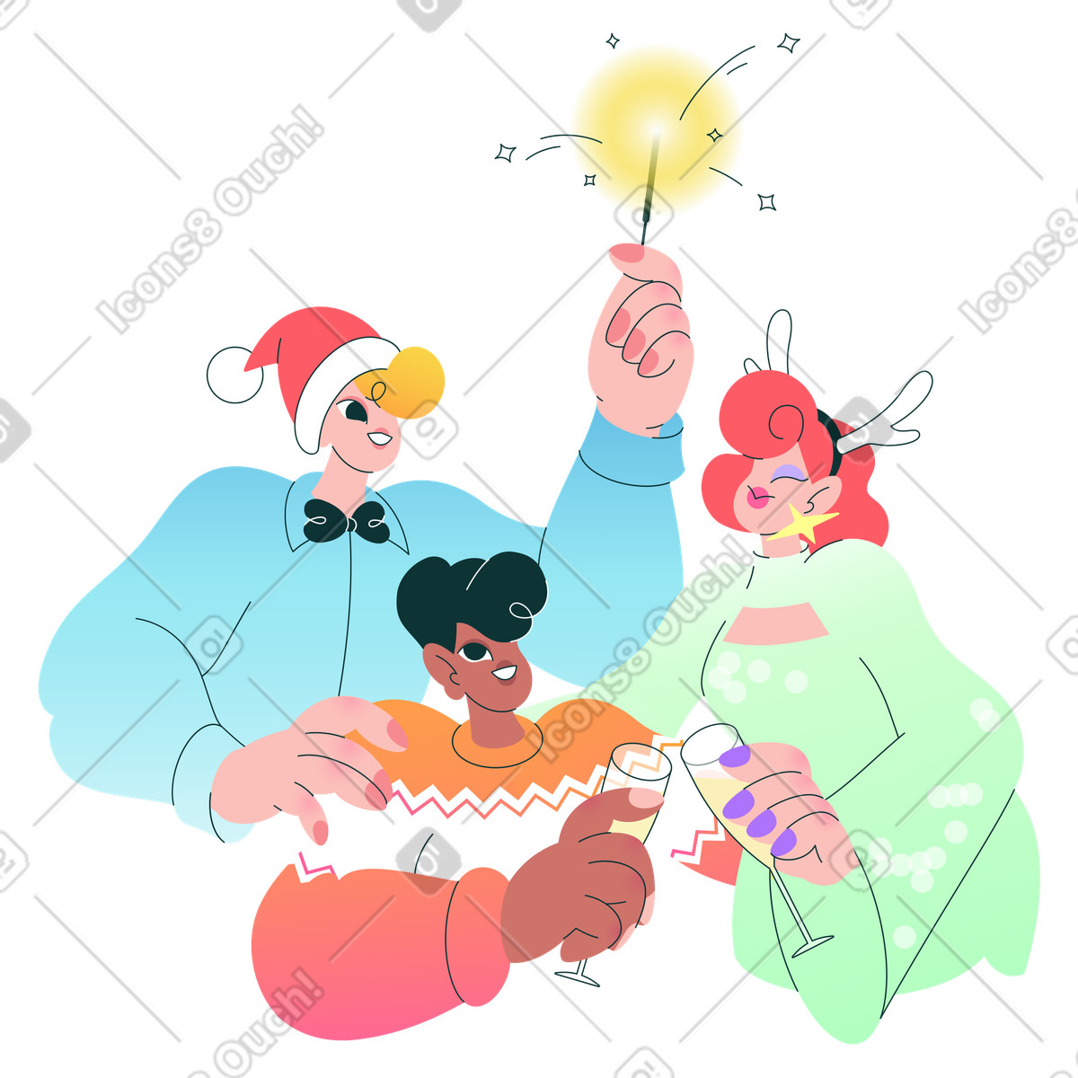 Friends in festive outfits toasting together, Holiday party and New Year celebration-Illustration im Florid-Stil als Download PNG, SVG