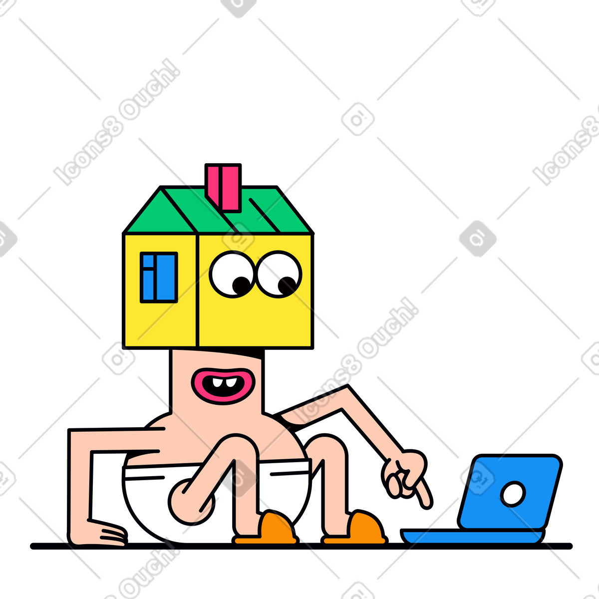 Illustration animée Working from home, Flexible work or freelance setup dans le style Droll à télécharger aux formats GIF, Lottie (JSON), AE