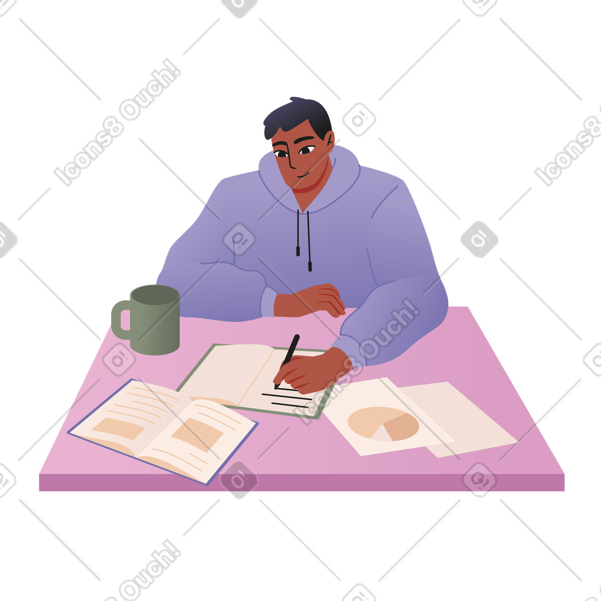Young man taking notes from a textbook illustration in Coworking style download in PNG, SVG