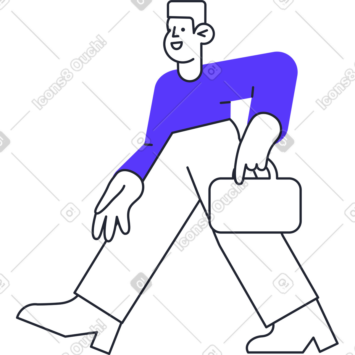 Ilustración animada Walking man in blue sweater holding briefcase en estilo Pablita a descargar en GIF, Lottie (JSON), AE