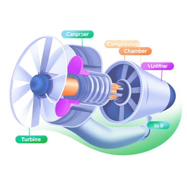 A detailed cutaway view of a jet engine showcasing its internal components. The illustration highlights the fan blades at the front, followed by the compressor stage with intricately designed blades. The combustion chamber is visible, displaying the fuel injectors and flame tubes. The turbine section is depicted with connected blades, indicating airflow direction. Surrounding the engine are labels for each section, including "Fan," "Compressor," "Combustion Chamber," and "Turbine," all presented in clear, colorful typography. The engine is set against a subtle gradient background that enhances the visibility of the internal details.