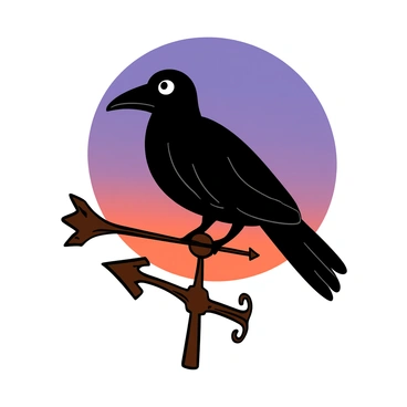A crow with glossy black feathers perched on a vintage wind vane, which features ornate details and a rusted finish. The crow's sharp beak and keen eyes are clearly visible. The sky behind is a dusky gradient of deep purples and soft oranges, indicating twilight. The wind vane's arrow points north, and it casts a delicate shadow. The overall scene captures a moment of stillness as the crow surveys its surroundings.