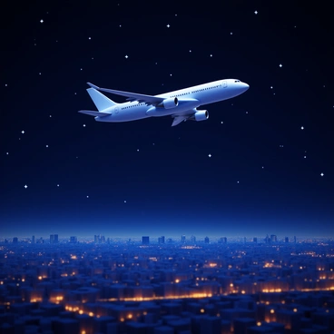 An airplane soaring through a dark night sky filled with numerous twinkling stars. Below, a sprawling city is illuminated by countless lights from buildings and streets, creating a vibrant contrast against the darkness of the night. The airplane is depicted with clear details, including its wings and engines, as it moves gracefully through the vastness above.
