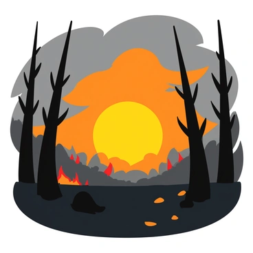 A dramatic scene featuring the first light of dawn breaking through the smoke-filled skies. The sun's rays shine in shades of orange and yellow, creating a striking contrast against the dark gray smoke. In the foreground, silhouettes of charred trees stand against the glowing horizon, their branches reaching upward. The ground is covered with ash and debris, adding to the somber atmosphere. Patches of red and orange flames can be seen flickering in the distance, highlighting the severity of the wildfire. The overall composition captures the tension between the destructive fire and the hope of a new day.