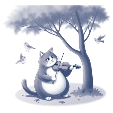 A plump cat with fluffy fur is sitting on its hind legs, holding a small violin with its front paws. The cat's eyes are focused intently on the instrument as it draws the bow across the strings. Surrounding the cat is a large, leafy tree providing shade, with branches extending outwards. The ground beneath the tree is covered in soft grass and scattered leaves. In the background, there are hints of other trees and a clear path winding through the park. A few birds can be seen perched on the branches above, looking down curiously at the musical performance.