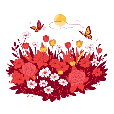 A red garden is filled with an abundance of vibrant flowers in full bloom. There are various types of flowers, including daisies, tulips, and roses, creating a rich tapestry of colors across the garden. Fluttering above the flowers are delicate butterflies with orange and yellow wings, gracefully dancing through the warm May air. The sun casts a gentle light over the scene, enhancing the vivid colors of the flowers and the lively movement of the butterflies.