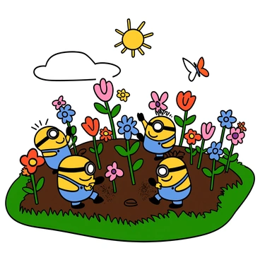 A group of small yellow Minions with overalls and goggles are happily planting colorful flowers in a vibrant garden. The garden is filled with various flowers in shades of red, blue, and pink, surrounded by lush green grass. Some Minions are digging holes in the soil, while others are carefully placing flowers into the ground. The sun is shining brightly in a clear blue sky, and butterflies are fluttering around the flowers, adding to the lively atmosphere.
