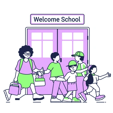 A group of children from diverse backgrounds is entering a school building together. They are walking side by side, smiling and chatting with each other. In the front, a girl with curly hair is holding a colorful backpack, while beside her, a boy with glasses carries a stack of books. Behind them, a girl wearing a bright hat is holding hands with a boy who is pointing excitedly at a school sign. The school entrance features large doors and windows, with a banner above welcoming the students. The atmosphere is filled with excitement and anticipation as they step into their new learning environment.