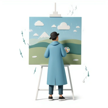 A painter, dressed in a blue raincoat and a black hat, stands in front of an easel holding a palette filled with vibrant colors. The canvas displays a breathtaking landscape featuring rolling green hills, a bright blue sky scattered with fluffy white clouds, and a distant mountain range. Rain pours down, creating small puddles on the ground, while the painter concentrates, brush in hand, capturing the scene. Lightning can be seen in the background, and the painter's weathered face shows determination despite the changing weather conditions.