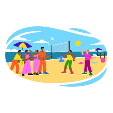 A bridal party wearing colorful matching outfits is playing beach games on a sandy shore. The group includes several women and men, laughing and smiling as they throw a frisbee and play beach volleyball. The sun shines brightly overhead, casting playful shadows on the sand. In the background, gentle waves roll onto the beach, and seagulls can be seen flying above. The scene is filled with beach umbrellas and towels scattered around, indicating a fun and relaxed atmosphere by the sea.