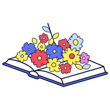 An open book with a light-colored cover, resting on a flat surface. The pages of the book are filled with vibrant illustrations of various flowers in different colors, including red, yellow, and blue. The flowers appear to be spilling out of the book, creating a dynamic and whimsical scene. Some flowers are larger and more detailed, while others are smaller and simpler, enhancing the overall lively look of the image.