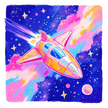 A spaceship with a sleek, metallic design is flying through a vast galaxy. The spaceship has glowing blue engines and intricate details on its surface. Surrounding the spaceship, numerous stars twinkle in various sizes and brightness. The galaxy features swirling formations of colorful nebulae in shades of purple, pink, and blue. There are clusters of stars that create a sense of depth and vastness. The background is rich with cosmic elements, enhancing the scene's sense of adventure and exploration.