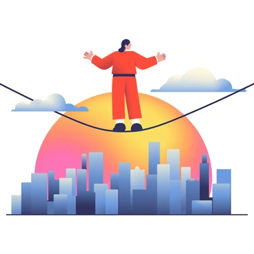 A tightrope walker is balancing on a thin rope, suspended high above a vibrant cityscape. The walker is wearing a bright red outfit and a black hat, arms outstretched for balance. Below, the city is filled with various buildings, some tall skyscrapers reflecting the warm hues of the sunset. The skyline is outlined against a stunning colorful sunset, featuring shades of orange, pink, and purple blending seamlessly in the sky. Fluffy clouds catch the light, adding depth to the scene.