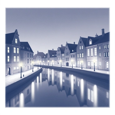 A cityscape featuring the historic architecture of Annecy during nighttime. The buildings showcase a mixture of medieval and modern designs, with window lights glowing softly. Canals weave through the scene, reflecting the illuminated structures and creating a mirror-like effect on the water's surface. Street lamps line the pathways, casting gentle illumination onto the cobblestone streets. The sky is deeply shaded to enhance the contrast between the buildings and the reflections in the canal.