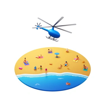 An RC helicopter hovering in mid-air, with its rotor blades spinning rapidly. The beach below is bathed in bright sunlight, showcasing golden sands and gentle waves lapping at the shore. There are people scattered along the beach, some playing in the water, while others sunbathe on colorful towels. A few children can be seen building sandcastles near the water's edge. The scene captures a lively atmosphere filled with beachgoers enjoying a beautiful day by the ocean.