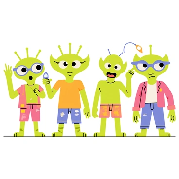 A group of four aliens with green skin and large, expressive eyes stands in a brightly lit room. They are each wearing colorful clothing in unusual patterns. One alien holds a pair of "3D glasses" up to its face, looking through the lenses with curiosity. Another alien has "3D glasses" perched on its head, while a third alien examines the glasses closely, pointing at the lenses with a small, clawed hand. The fourth alien looks around the room, intrigued by its surroundings. The background is filled with various human objects that further emphasize the aliens’ confusion and fascination.