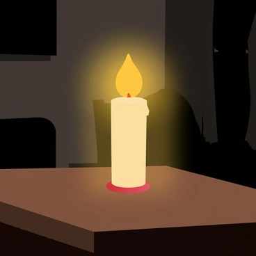 A single tall candle with a yellow flame is placed on a wooden table, casting a warm glow around it. The room is dark, with shadows lurking in the corners. The walls are a muted gray, and there are faint outlines of furnishings shrouded in darkness. The light from the candle creates a soft halo effect, emphasizing its brightness in contrast to the surrounding gloom. The atmosphere is filled with a sense of optimism, as the candle stands upright, representing resilience.