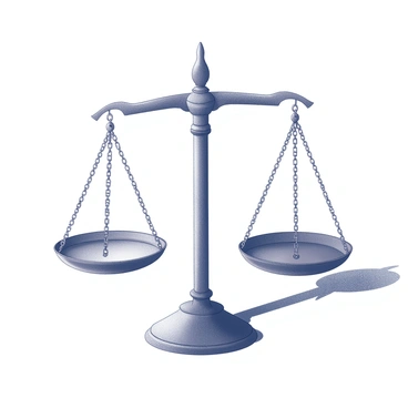 A wall displaying the shadow of justice scales. The scales are intricately detailed, showing the balance beam and the two hanging pans. The shadow forms a striking silhouette on the surface. The background is plain, emphasizing the sharp contrast created by the shadow. The overall composition highlights the symbolic representation of justice through its shape and position on the wall.