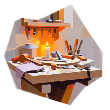 A detailed view of a wooden workbench showcasing various ancient craftsmanship tools. The workbench has a weathered surface, revealing its history and use over time. Tools such as hand-carved chisels with wooden handles, a small wooden mallet, and an intricately designed compass sit prominently on the bench. There is a worn leather apron draped over one side of the workbench, and scattered wood shavings lie around, hinting at recent activity. In the background, there are shelves filled with more tools and a flickering candle providing soft light, illuminating the craftsmanship atmosphere.