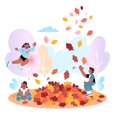 A group of children is joyfully playing in a large pile of colorful autumn leaves in a neighborhood park. The leaves are vibrant shades of orange, red, yellow, and brown, creating a rich tapestry on the ground. One child is laughing as they jump into the pile, sending leaves flying into the air. Another child is sitting on the ground, surrounded by leaves, while a third child is tossing leaves above their head. The backdrop features trees with varying colors of fall foliage, and a clear blue sky adds to the cheerful atmosphere.