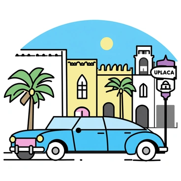 A classic car, featuring a sleek design and shiny chrome details, is driving along a cobblestone street in Casablanca. The car is painted in a rich, deep blue color and has whitewall tires. Surrounding the car are buildings with ornate architecture, showcasing a mix of Moorish and European influences with decorative tiles and wrought iron balconies. Palm trees line the street, swaying gently in the breeze. A clear blue sky above highlights the warm afternoon sun, casting soft shadows on the pavement. "Casablanca" is prominently displayed on a vintage street sign nearby.