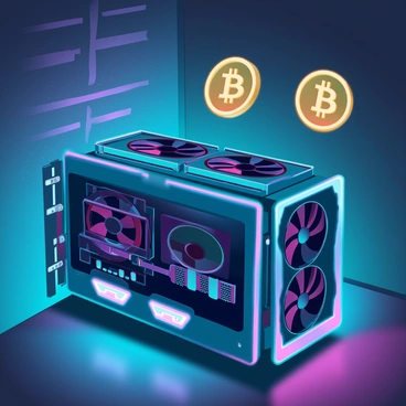 A mining rig composed of multiple interconnected graphics cards, with wires and components visible, sitting in a dimly lit room. The rig is surrounded by a soft, ambient glow emitted from the lights of the GPUs, illuminating the area with a bluish hue. Floating in the air are golden Bitcoin symbols, casting subtle reflections on nearby surfaces. The walls of the room are textured and shadowy, enhancing the overall atmosphere of secrecy and technology.