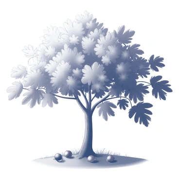 A fig tree with large, lobed leaves swaying gently in the wind. The tree stands tall, its branches extended outward, creating a lush canopy. Sunlight filters through the leaves, casting intricate shadows on the ground. The ground is covered with fallen leaves and small, ripe figs scattered among the grass. In the background, a clear sky enhances the serene atmosphere of the scene.
