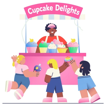 A bakery vendor with light brown skin and curly hair is standing behind a bright pink stall filled with colorful cupcakes. The cupcakes have vibrant frosting in shades of blue, yellow, and pink, topped with sprinkles and small decorative items. In front of the stall, several excited children with varying skin tones are reaching out to choose their favorite treats. One child with blonde hair is holding a purple cupcake with a star-shaped decoration, while another child with dark hair is pointing at a cupcake with rainbow frosting. The scene captures the joyful atmosphere of a lively bakery setting, with a cheerful banner above the stall reading "Cupcake Delights."
