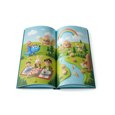 A colorful illustrated report filled with whimsical characters, including a cheerful blue dragon wearing a small red hat and a friendly green fairy with sparkling wings. The background features a bright landscape with rolling hills, fluffy clouds, and a rainbow arching across the sky. In one scene, the dragon and fairy are sharing a picnic with a talking rabbit wearing glasses and holding a book. Elsewhere, a playful unicorn prances near a sparkling river, surrounded by vibrant flowers and butterflies. The entire composition is lively and engaging, designed to capture the imagination of children.