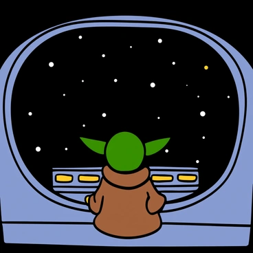 A small green alien with large ears and big eyes is gazing out of a spaceship window at a vast field of stars. Yoda is wearing his traditional brown robe, which drapes gently around him. The spaceship is sleek and modern, with glowing control panels visible in the background. The stars outside the window are bright and twinkling against the deep blackness of space, creating a serene and captivating scene.