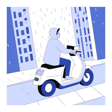 A rider wearing a raincoat navigating an electric moped through a rainy city