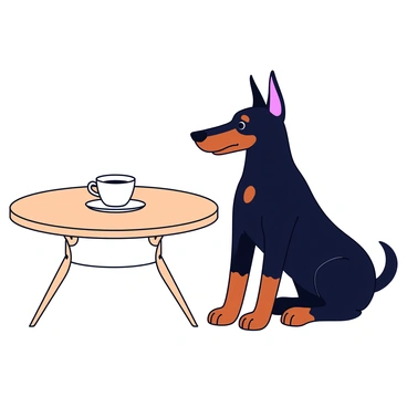 A doberman with a sleek black and tan coat is sitting patiently beside a small round café table. The table is made of light wood and has a simple design. On the table is a white coffee cup with a small saucer underneath it. The doberman's ears are perked up, and it looks attentively towards the cup, with a relaxed posture. The scene is set outdoors, with a subtle hint of greenery in the background.