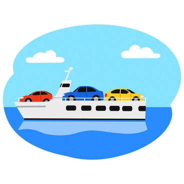A white ferryboat is transporting several colorful cars across a calm sea. The water is a vibrant blue, reflecting the clear blue sky above. The ferryboat is positioned in the center of the image, with cars visible on its deck, including a red sedan, a blue SUV, and a yellow compact car. Light, fluffy white clouds can be seen in the sky, adding a touch of detail to the serene scene.