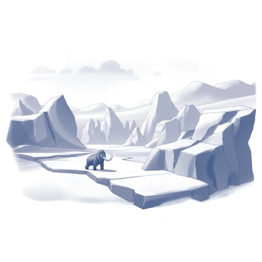A vast glacial landscape dominated by massive ice sheets that rise sharply against the horizon. The terrain is rugged and uneven, with deep fissures and crevasses cutting through the ice. In the distance, a lone woolly mammoth stands on a snowy expanse, its long, curved tusks prominently visible. The mammoth's shaggy fur contrasts against the stark whiteness of the ice, and it appears to be foraging for food amid the frozen surroundings. The sky above is expansive, with clouds drifting slowly, casting shadows over the icy ground.