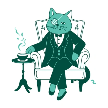 A teal sophisticated cat wearing a well-fitted black suit and a shiny silver monocle is sitting elegantly in a plush white armchair. The cat has a confident posture, with one paw resting on the arm of the chair. The armchair is adorned with intricate patterns that contrast with the simple elegance of the cat's attire. A small round table next to the armchair holds a steaming cup of tea, accompanied by a delicate white saucer. The scene conveys an air of refinement and charm.