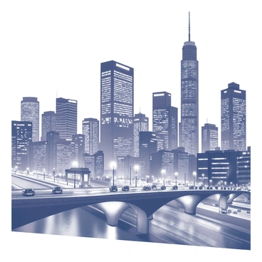 A cityscape showcasing the skyline of Seoul at night. Skyscrapers tower with numerous windows illuminated. Neon lights from various buildings and signs provide bright accents throughout the scene. The streets below are filled with moving vehicles, creating a dynamic impression of bustling traffic. A large bridge arches over a river, reflecting the city lights on its surface. The overall composition captures the energy and activity of the urban environment.