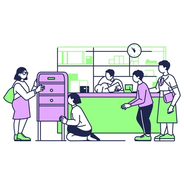 A bustling post office interior filled with customers checking their individual mailboxes. On the left, a person with glasses is standing on tiptoe to reach the top row of mailboxes. Next to them, a woman is kneeling to inspect a lower mailbox, while another customer is holding an envelope and looking around. In the background, a postal worker is seated behind a counter, sorting through packages and letters. The walls are lined with shelves filled with postal supplies and a large clock is visible above the counter, showing the time.