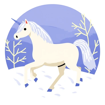 A unicorn with a shimmering white coat and a glittering horn is prancing through a snowy landscape. The ground is covered in a thick layer of fresh, white snow. Surrounding the unicorn are frost-covered trees with branches sparkling in the sunlight. The sky above is bright blue, adding contrast to the winter scene. The unicorn's mane flows gracefully in the gentle breeze, creating a beautiful visual against the serene backdrop.