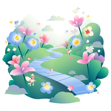 A magical garden features flowers with glowing petals in various shades of blue, pink, and purple. Each flower emits a soft light, illuminating the surrounding area. Among the flowers, whimsical creatures such as small, fairylike beings with translucent wings are flitting about. They have sparkling eyes and shimmering skin that reflects the colors of the flowers. The garden is filled with rich green foliage, and there are winding paths made of stone leading through the vibrant scenery. In the background, a gentle stream flows with clear water, adding to the enchanting atmosphere.