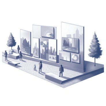 A large public installation consisting of various free illustrations, arranged in a dynamic and engaging manner. The installation features multiple panels showcasing diverse artistic styles and subjects, including nature scenes, abstract designs, and urban landscapes. Surrounding the installation are pedestrians, some stopping to examine the artwork closely while others pass by, illustrating the vibrant atmosphere of the city square. The square itself is paved with cobblestones, and there are trees and benches nearby, adding to the urban setting. The sky above is clear, providing ample natural light that highlights the details of the illustrations.