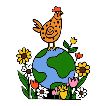 A guinea fowl with distinct spotted feathers is standing proudly on top of a globe. The globe shows various continents in vibrant colors. Surrounding the globe, there are an assortment of colorful flowers in full bloom, including daisies, tulips, and sunflowers. The scene conveys a sense of vibrancy and life, with the guinea fowl looking around confidently amidst the floral display.