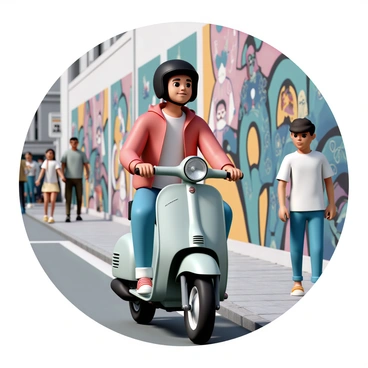 A young rider exploring street art murals on a sleek scooter bike