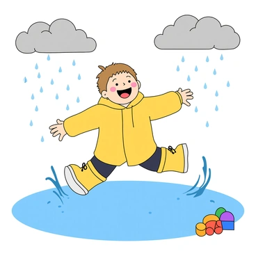 A cheerful toddler with light brown hair, wearing a bright yellow raincoat and matching rubber boots, is joyfully jumping into a large puddle. Water splashes in all directions around the child. The toddler has a big smile on their face, showcasing their excitement. The background shows gray clouds with raindrops falling, creating a lively atmosphere. Small droplets of water are visible on the child’s face and raincoat, emphasizing the rainy day. There are colorful toys scattered near the puddle, adding to the playful scene.