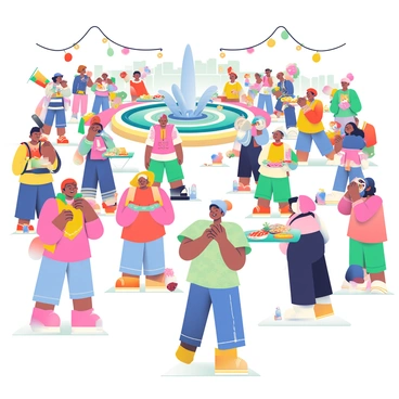 A bustling city square is filled with a diverse crowd of people celebrating together. Individuals wearing colorful traditional clothing from various cultures are engaged in joyful conversation and laughter. Some people are holding flags representing their heritage, while others are sharing food from different cuisines, with vibrant dishes displayed on tables. In the background, a fountain is surrounded by greenery, and festive decorations, such as banners and balloons, adorn the square. Children are playing nearby, while performers are entertaining the crowd with music and dance.
