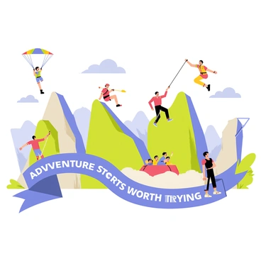 A vibrant illustration depicting an adventure sports scene filled with thrilling activities. In the foreground, a person is paragliding, suspended in the air with a colorful parachute, soaring above a mountainous landscape. To the left, two individuals are rock climbing on a steep cliff, showcasing their determination as they grasp the rocky surface. On the right, a group of friends is white-water rafting, navigating through frothy waves in a bright red raft. In the background, a bungee jumper is seen leaping from a high bridge, captured mid-air with a look of exhilaration. Surrounding these activities, a banner displays the text "Adventure Sports Worth Trying," highlighting the excitement and variety of each thrilling experience.