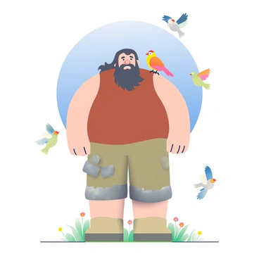 A large man with a strong build and a thick, bushy beard is standing in an open field, surrounded by a flock of small birds in flight. His hair is long and shaggy, blending with the natural environment. He is wearing a simple brown tunic and rugged trousers. A single bird, with bright feathers, is perched on his right shoulder, looking curiously at him. The ground is dotted with wildflowers, and the sky above is a clear blue, creating an atmosphere of tranquility. The birds are various colors, flitting around him as they move in a gentle, swirling pattern.
