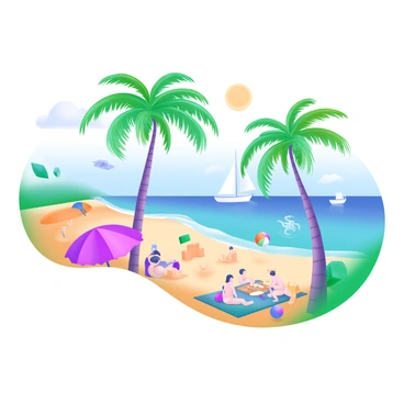 A tropical beach scene featuring several tall palm trees with green fronds swaying gently in the breeze. The golden sand is dotted with beachgoers lounging under colorful umbrellas and playing in the surf. Some individuals are building sandcastles while others are splashing in the shallow waves. In the distance, a few sailboats can be seen gliding across the azure water, and a bright sun shines down from a clear blue sky. A beach ball rests near a group of people enjoying a picnic on a beach blanket.