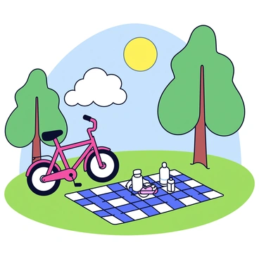 A small mini bike with a bright red frame stands parked next to a checkered picnic blanket. The blanket is spread out on the green grass, with a few small snacks and a water bottle placed atop it. In the background, tall trees provide shade, and a clear blue sky with a few fluffy white clouds can be seen. The sun casts a warm glow over the scene, creating a cheerful atmosphere.